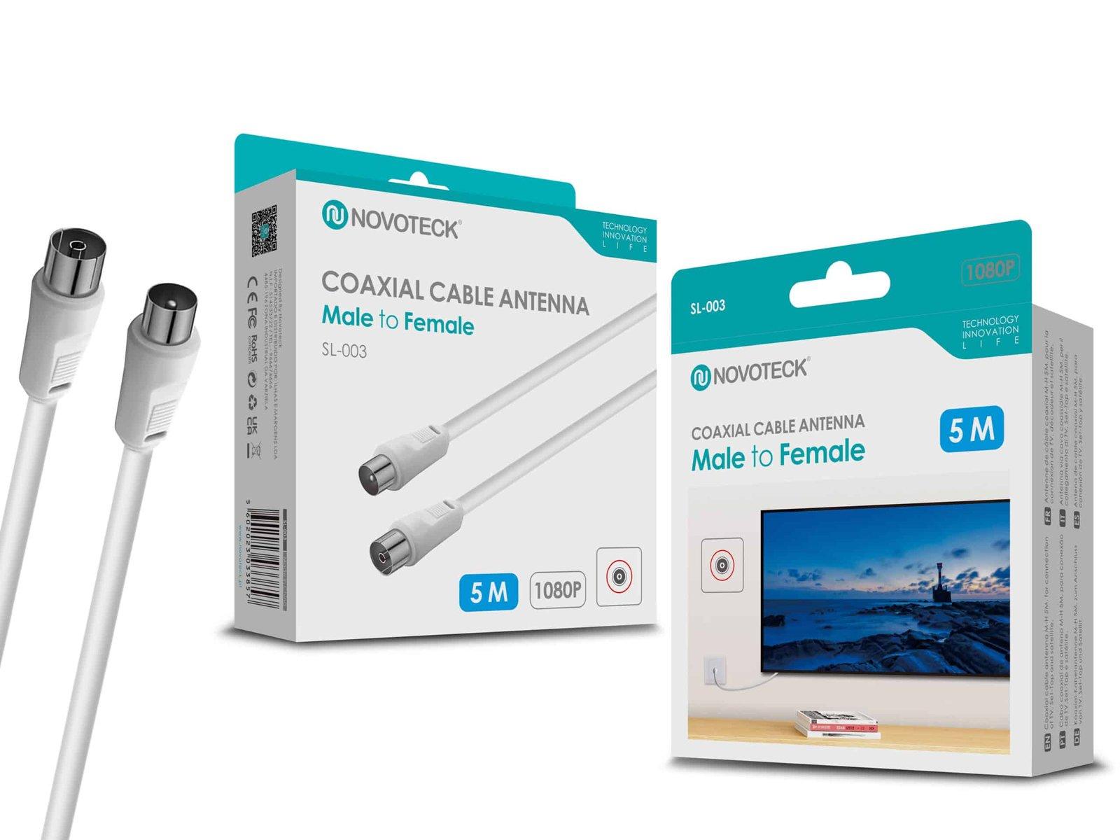 Cabo Coaxial de Antena Novoteck SL-003 – Macho para Fêmea, 5,0m