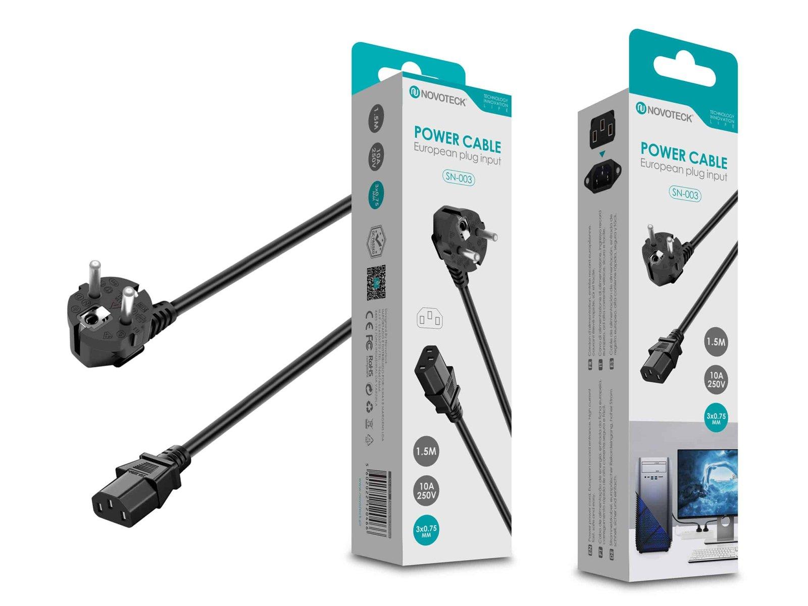 Cabo de Alimentação Europeu Novoteck SN-003 - 1,5m, 10A, 250V, Conector Schuko a IEC C13