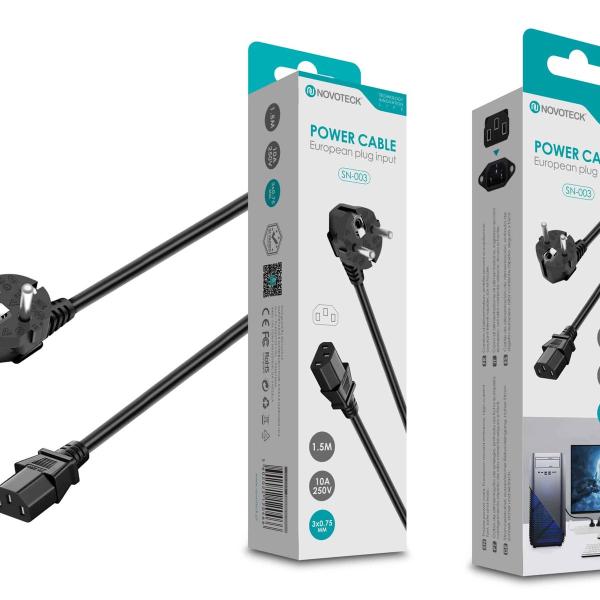 Cabo de Alimentação Europeu Novoteck SN-003 - 1,5m, 10A, 250V, Conector Schuko a IEC C13