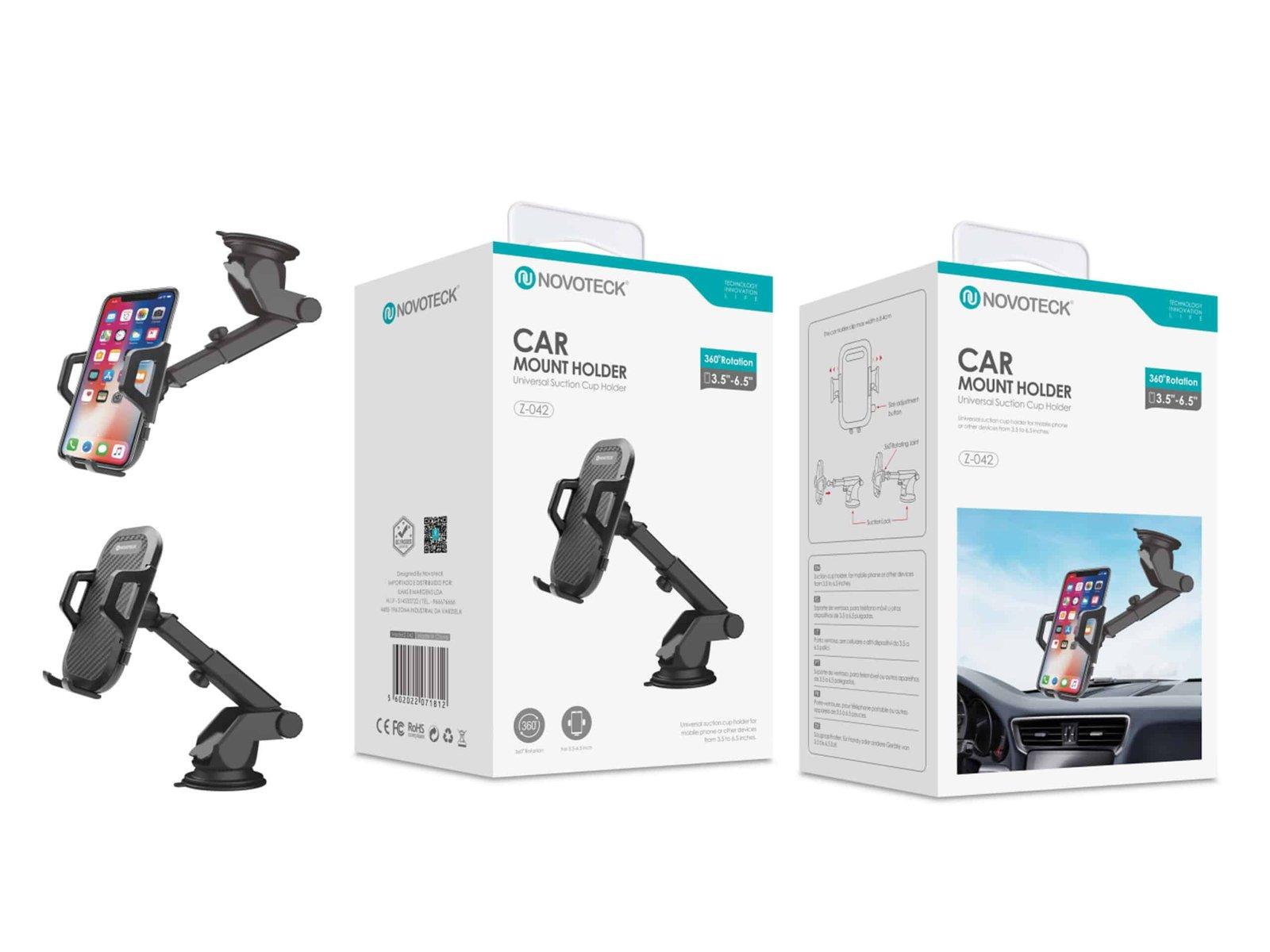 Suporte de Sucção para Carro Z-042 - Com Rotação 360° e Braço Ajustável, Compatível com Telemóveis de 3.5-6.5"