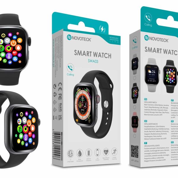 Smartwatch Negro SWA04 – Monitoramento de Saúde, Notificações, Controle de Música, Tela Sensível ao Toque