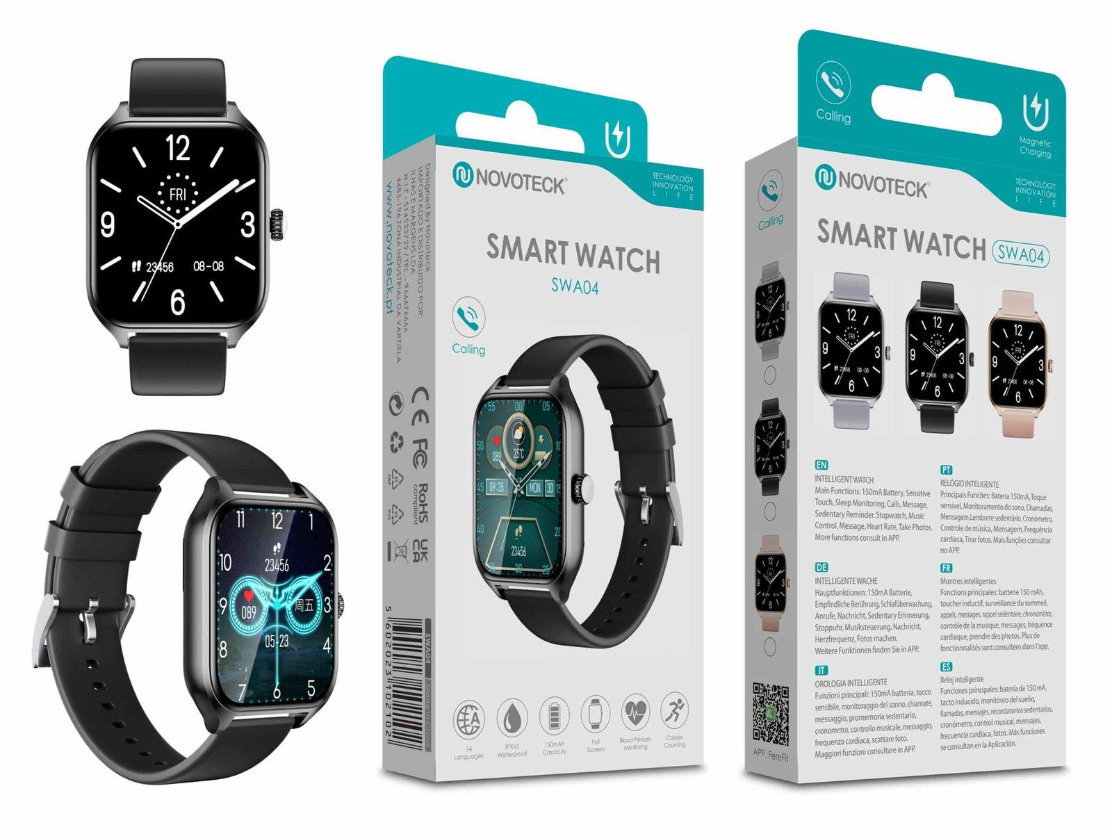 Smartwatch Negro SWA04 - Monitoramento de Saúde, Notificações, Controle de Música, Tela Sensível ao Toque