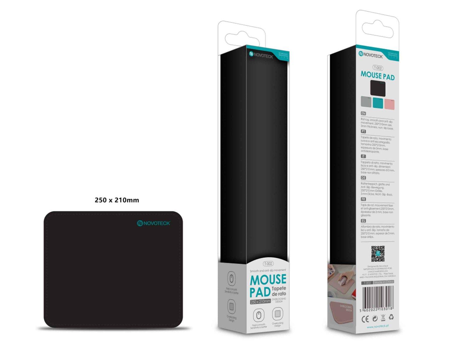 Tapete de Rato T-002 Superfície Otimizada, 250x210mm, Base Antiderrapante, Cor Negro