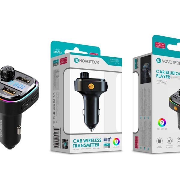 Transmissor e Carregador Veiculo Bluetooth Novoteck NC-002 - Porta Tipo-C PD, Iluminação RGB, 3.1A