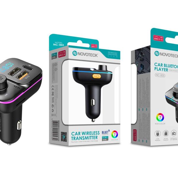 Transmissor FM Bluetooth Multifuncional Novoteck NC-003 com Carregador Tipo-C e Iluminação RGB