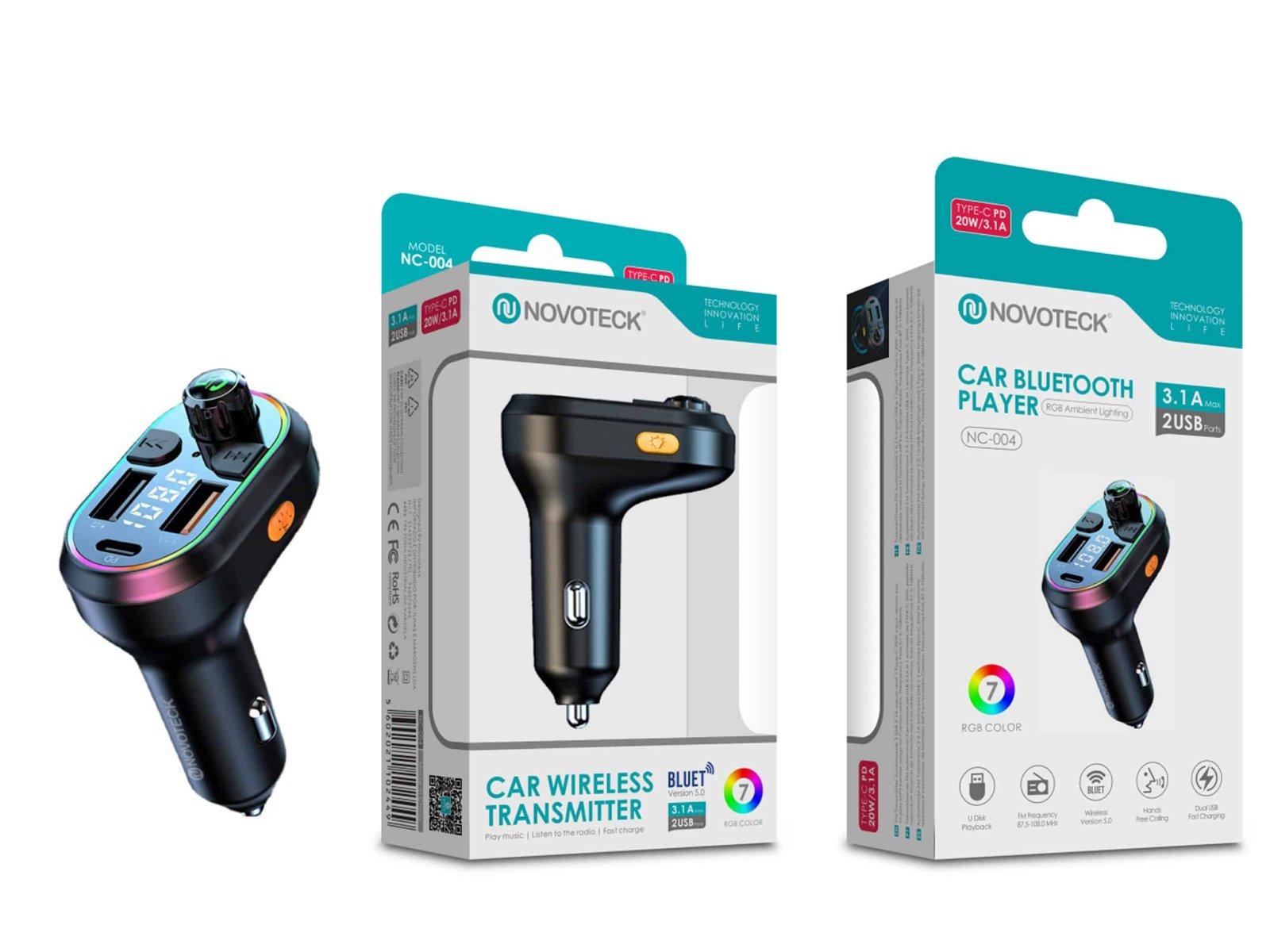 Transmissor FM Bluetooth Novoteck NC-004 com Carregamento Rápido Tipo-C e Iluminação RGB