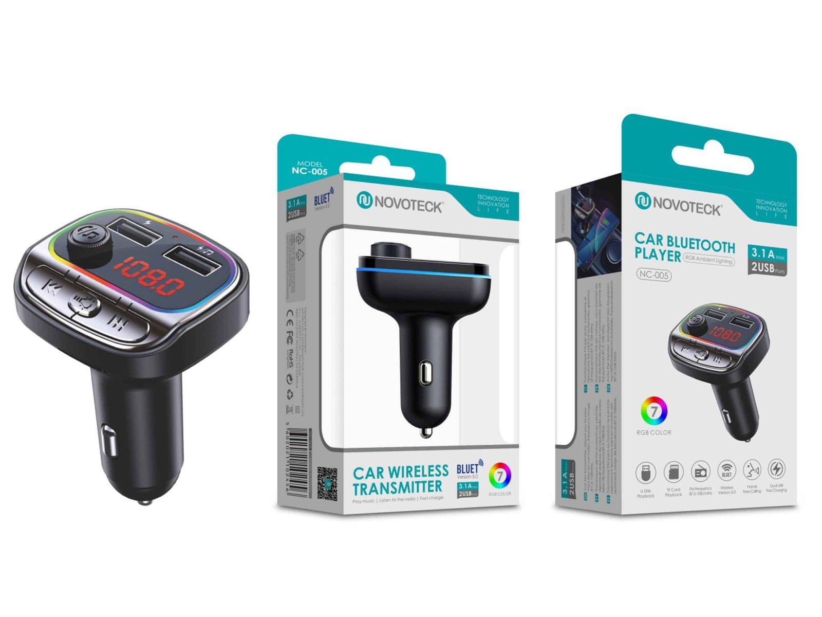 Transmissor FM e Carregador Veiculo Bluetooth Novoteck NC-005 com Iluminação RGB