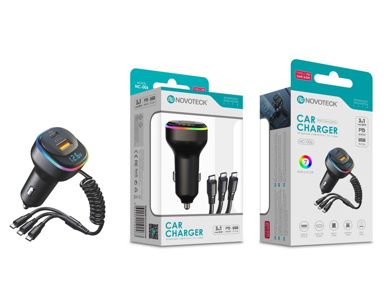 Carregador Veiculo Rápido Novoteck NC-006 com Porta Tipo-C PD 65W e Iluminação RGB