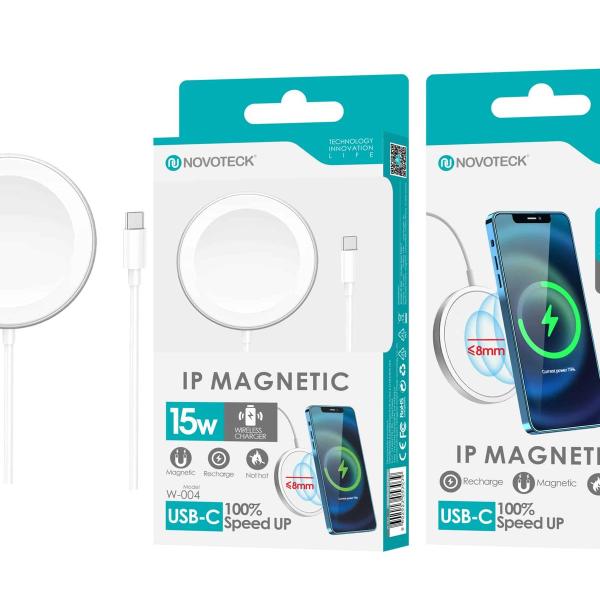 Carregador Magnético Sem Fio Magsafe W-004 - 15W, Design Slim, Segurança Integrada