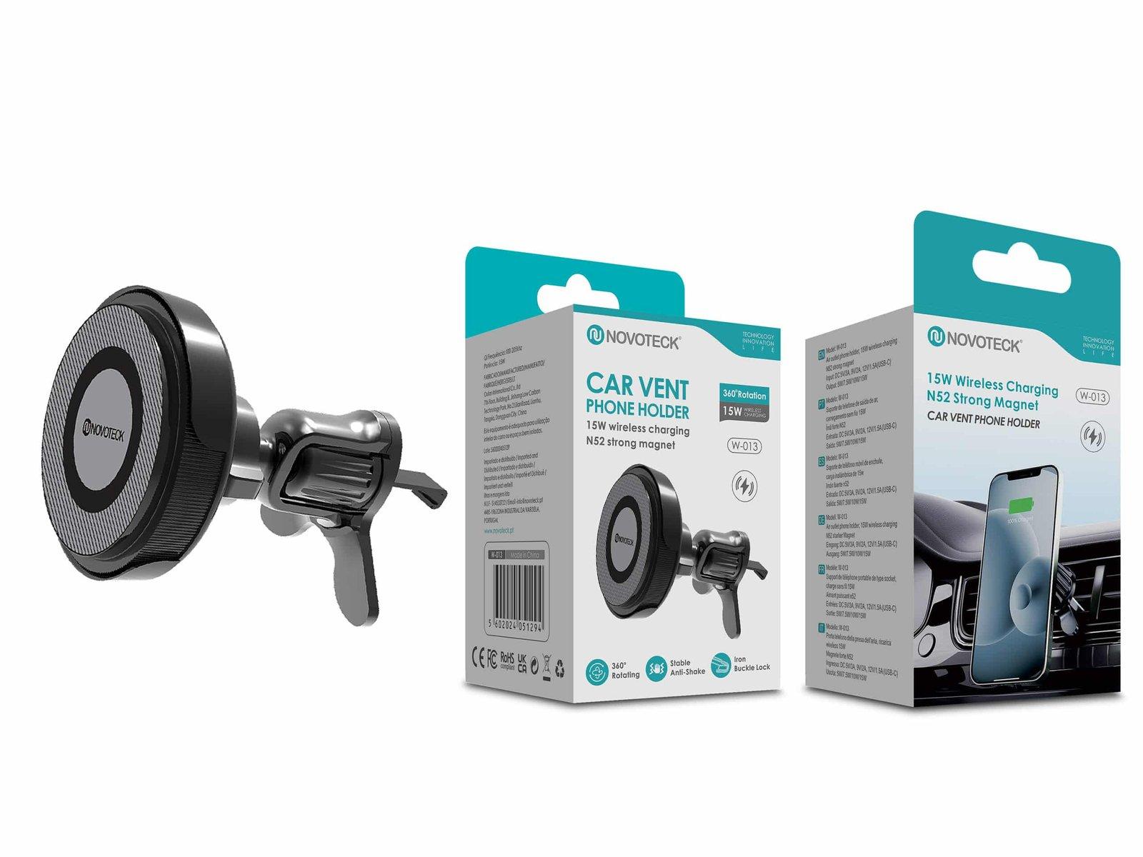 Suporte Magnético para Telemóvel em Grelha de Ventilação com Rotação 360º - Carregamento Wireless