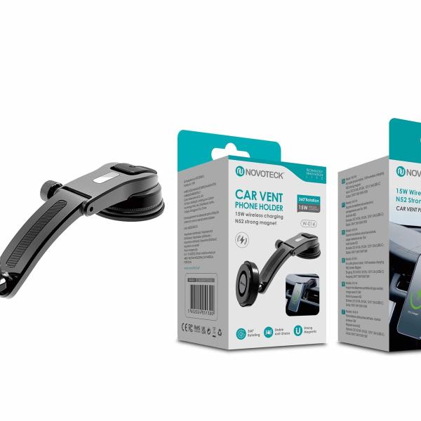 Suporte para Telemóvel com Carregamento Sem Fios de 15W – Íman N52 e Braço Ajustável para Saída de Ar W-014