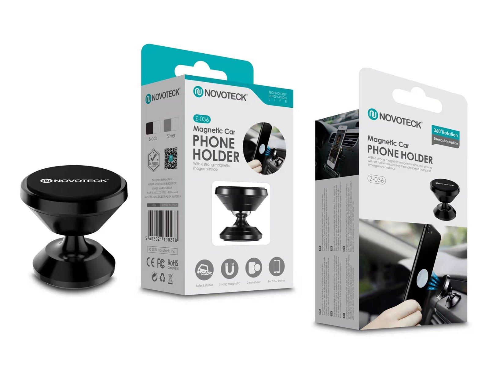 Suporte Magnético para Carro Z-036 – Rotação 360°, Ímanes Fortes, Design Universal, Cores Preto e Prateado