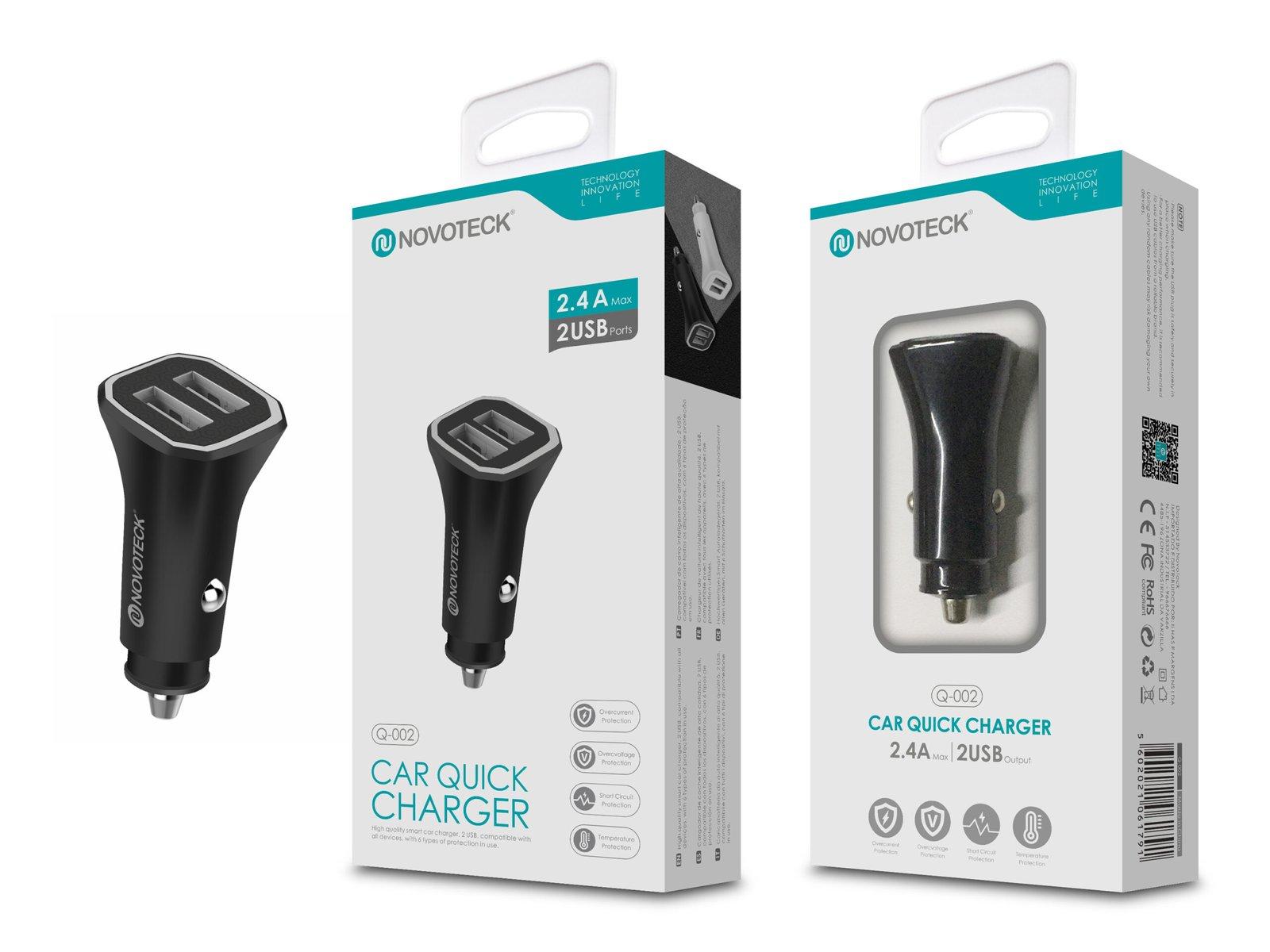 Carregador Rápido Automóvel 2.4A com Dupla Porta USB Negro Q-002