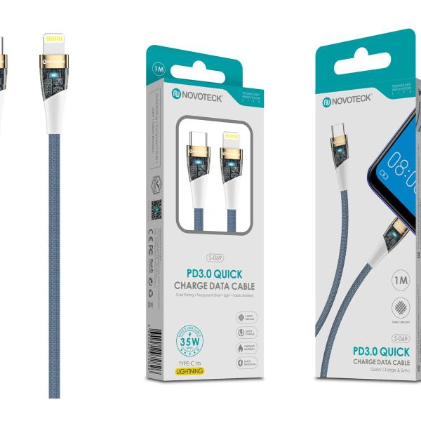 Cabo PD 35W Type-C to Lightning Azul S-069 Luz Indicador