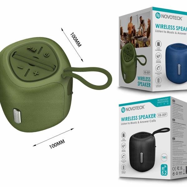 Coluna Portátil NOVOTECK XB-009 Verde– Liberdade Sem Fios e Design Prático para o Dia-a-Dia