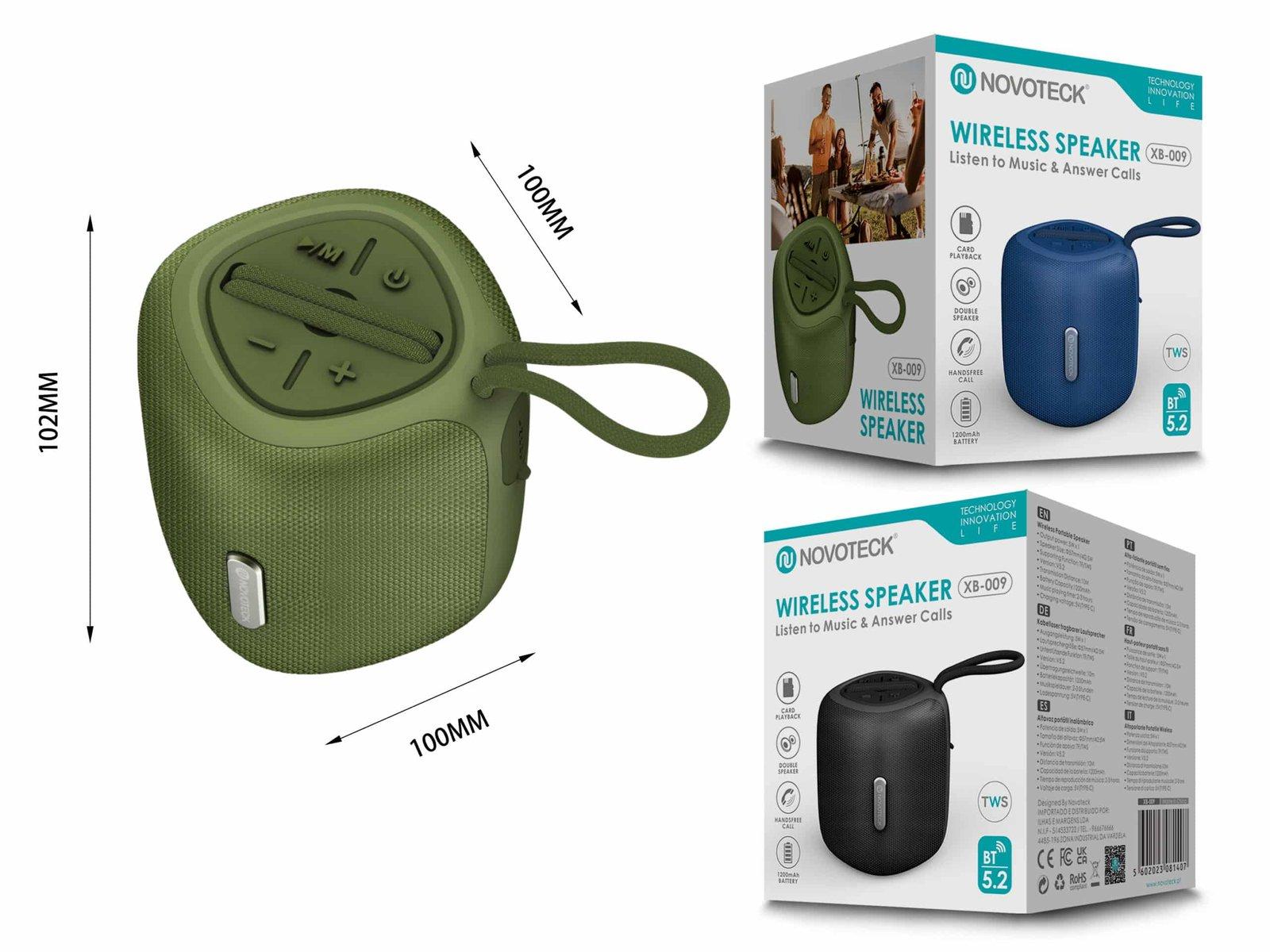 Coluna Portátil NOVOTECK XB-009 Verde– Liberdade Sem Fios e Design Prático para o Dia-a-Dia