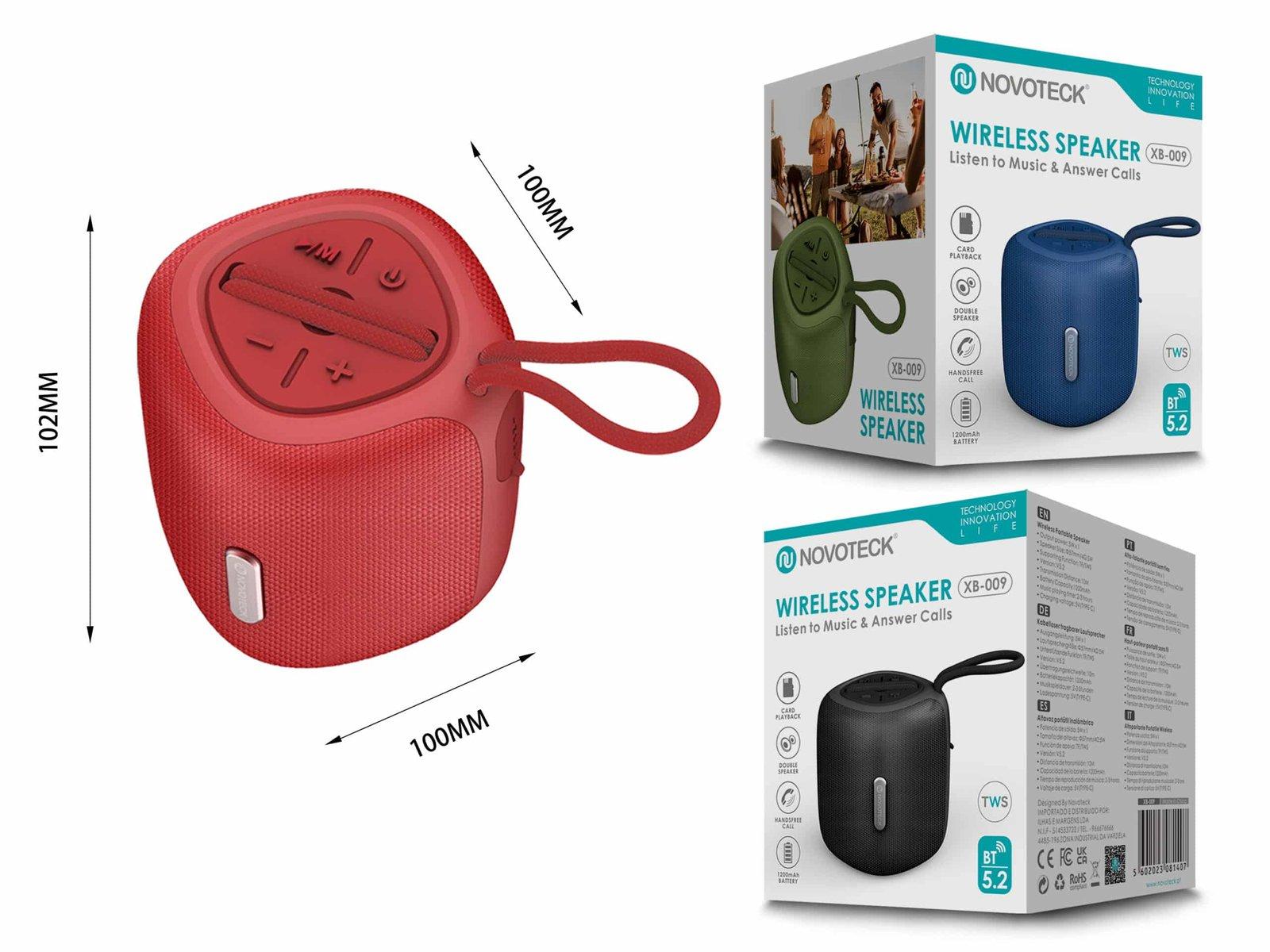 Coluna Portátil NOVOTECK XB-009 Vermelho– Liberdade Sem Fios e Design Prático para o Dia-a-Dia