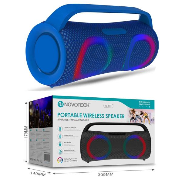 Coluna Portátil Sem Fios Azul XB-010 - BT 5.1, USB, AUX, TWS, FM, Iluminação RGB