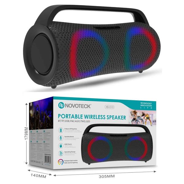 Coluna Portátil Sem Fios Negro XB-010 - BT 5.1, USB, AUX, TWS, FM, Iluminação RGB