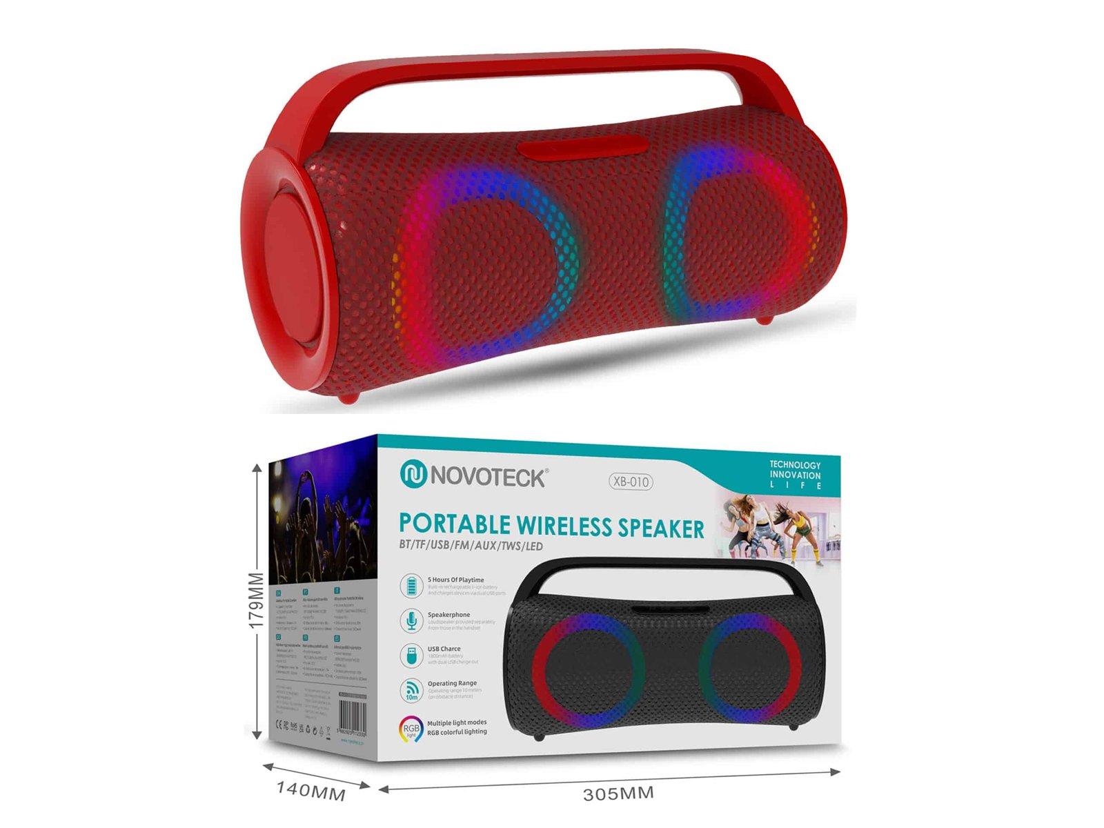 Coluna Portátil Sem Fios Vermelho XB-010 - BT 5.1, USB, AUX, TWS, FM, Iluminação RGB