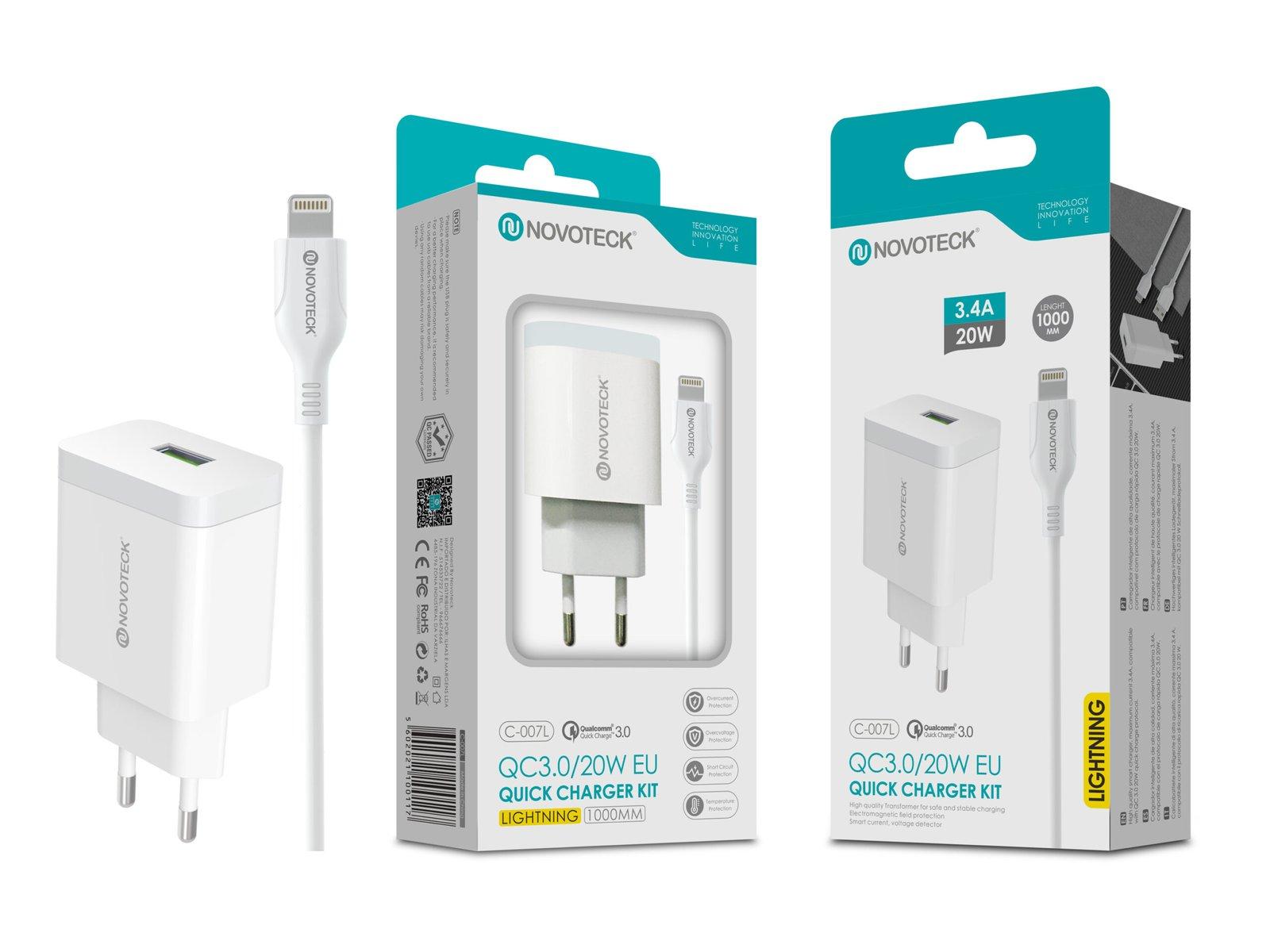Carregador com Cabo Lightning QC 3.0 20W 3.4A 1 USB NOVOTECK C-007L