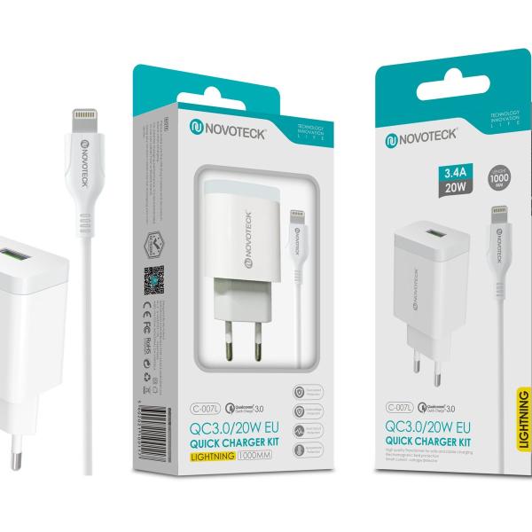 Carregador com Cabo Lightning QC 3.0 20W 3.4A 1 USB NOVOTECK C-007L
