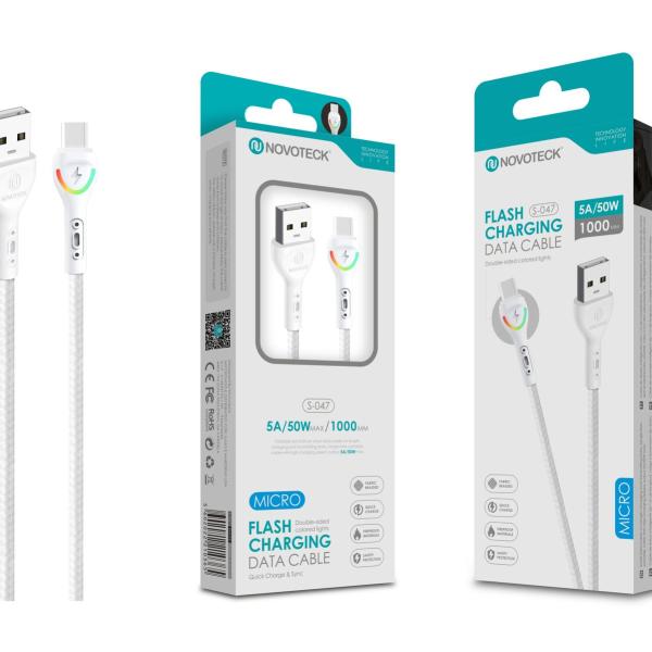 Cabo Micro USB Branco 5A 50W 1M S-047 com Luz Indicador