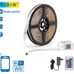 Pack Fita LEDs Inteligente Smart RGB+W Wi-Fi 12V (5 mts) + Controlador + Fonte Alimentação
