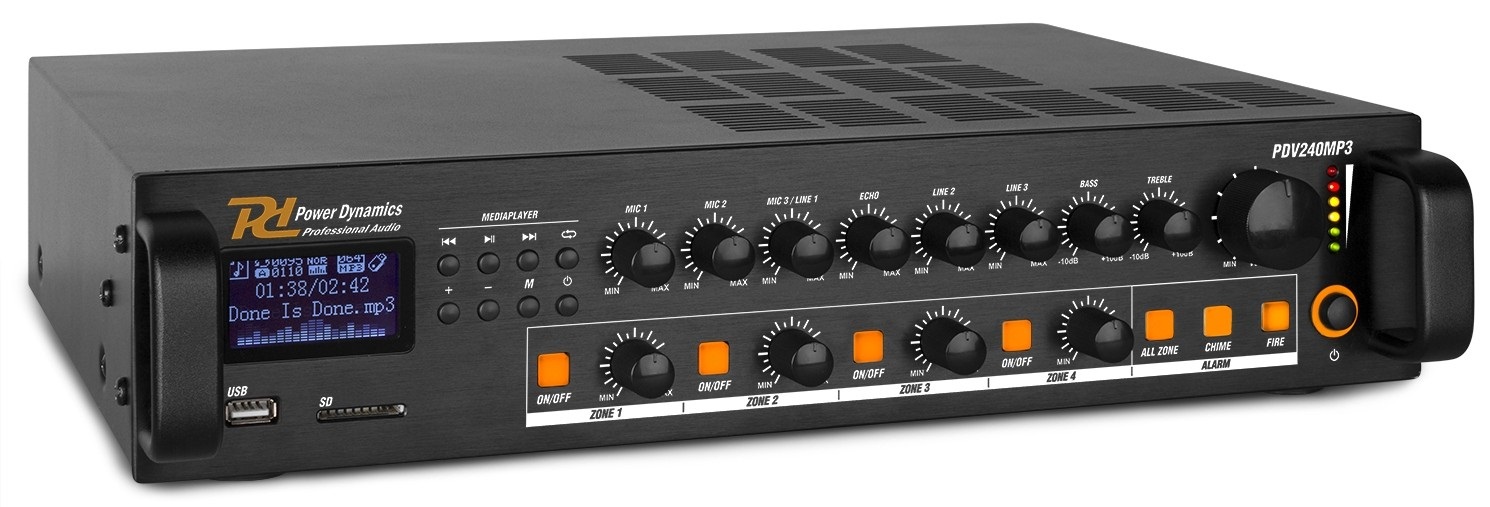 Amplificador Linha 100V 240W RMS c/ 4 Zonas MP3/USB/SD/FM/BLUETOOTH (PDV240MP3) - Power Dynamics
