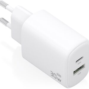 Carregador GaN 30W 1x USB-C PD3.0 QC4.0 + 1x USB-A QC3.0 (Branco) - AISENS
