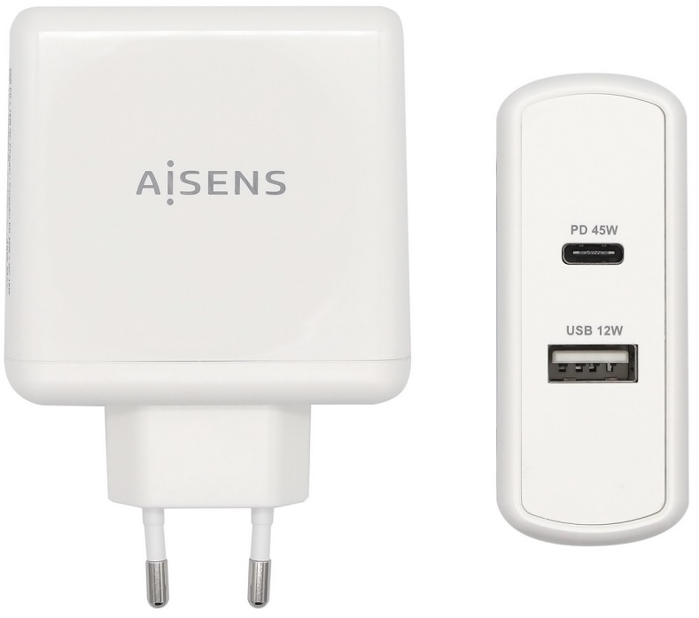 Carregador USB-C PD3.0 45W + USB-A 12W (Branco) - AISENS