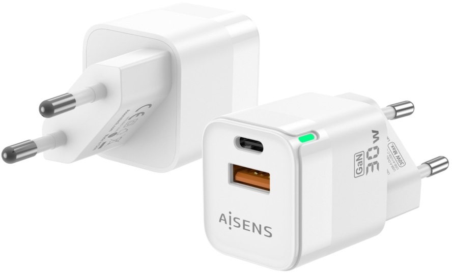 Adaptador de Energia Gan USB-C / USB-A 30W (Branco) - AISENS