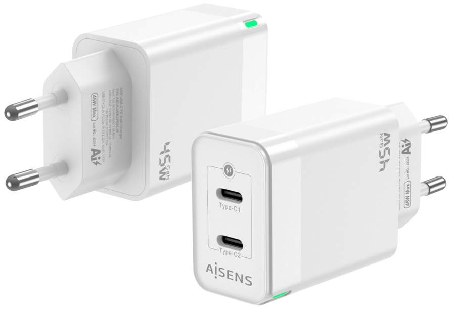 Adaptador de Energia Gan 2x USB-C 45W (Branco) - AISENS