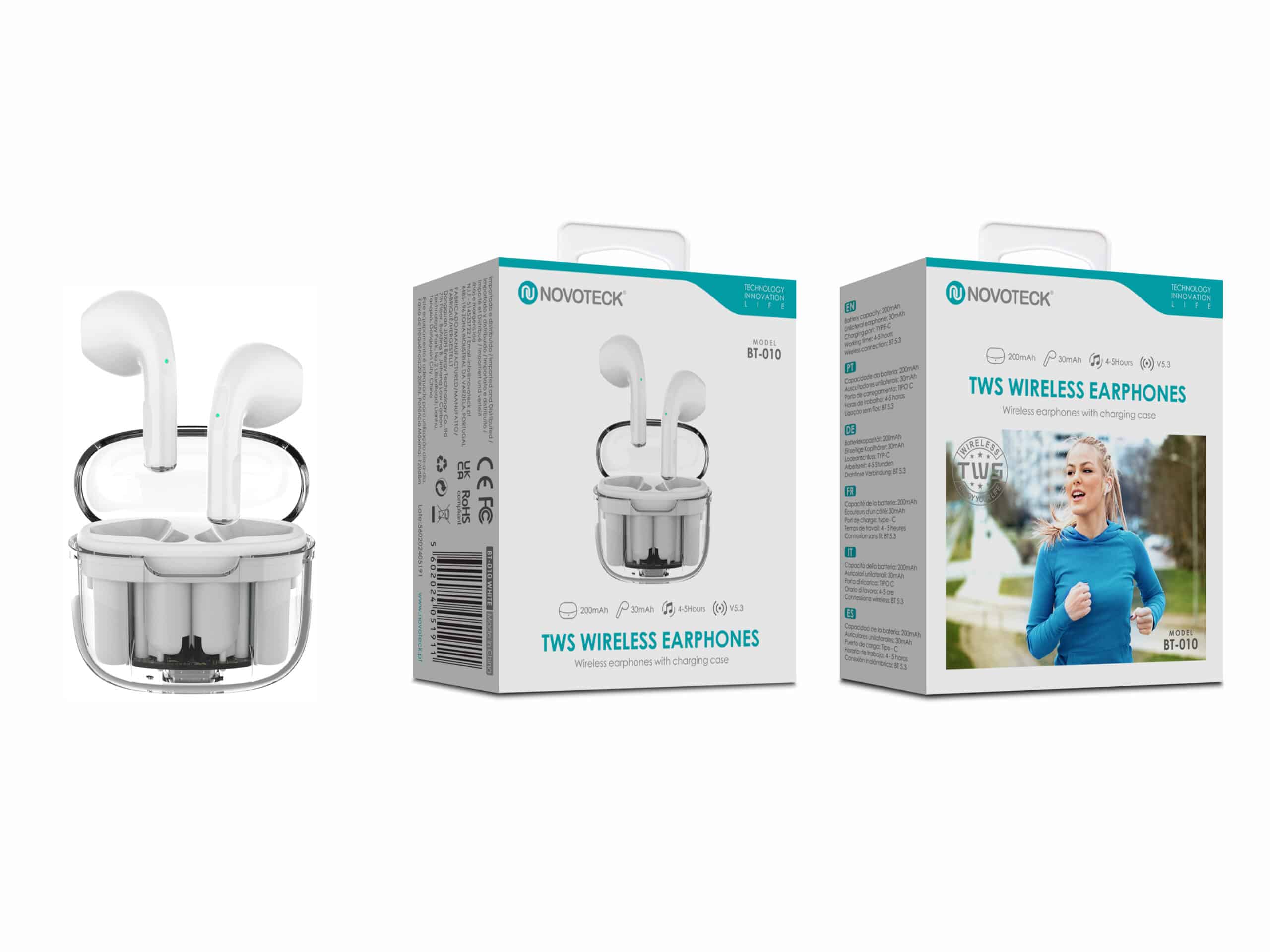 Auriculares Bluetooth TWS Branco BT-010 – Estojo de Carregamento Transparente, Design Moderno
