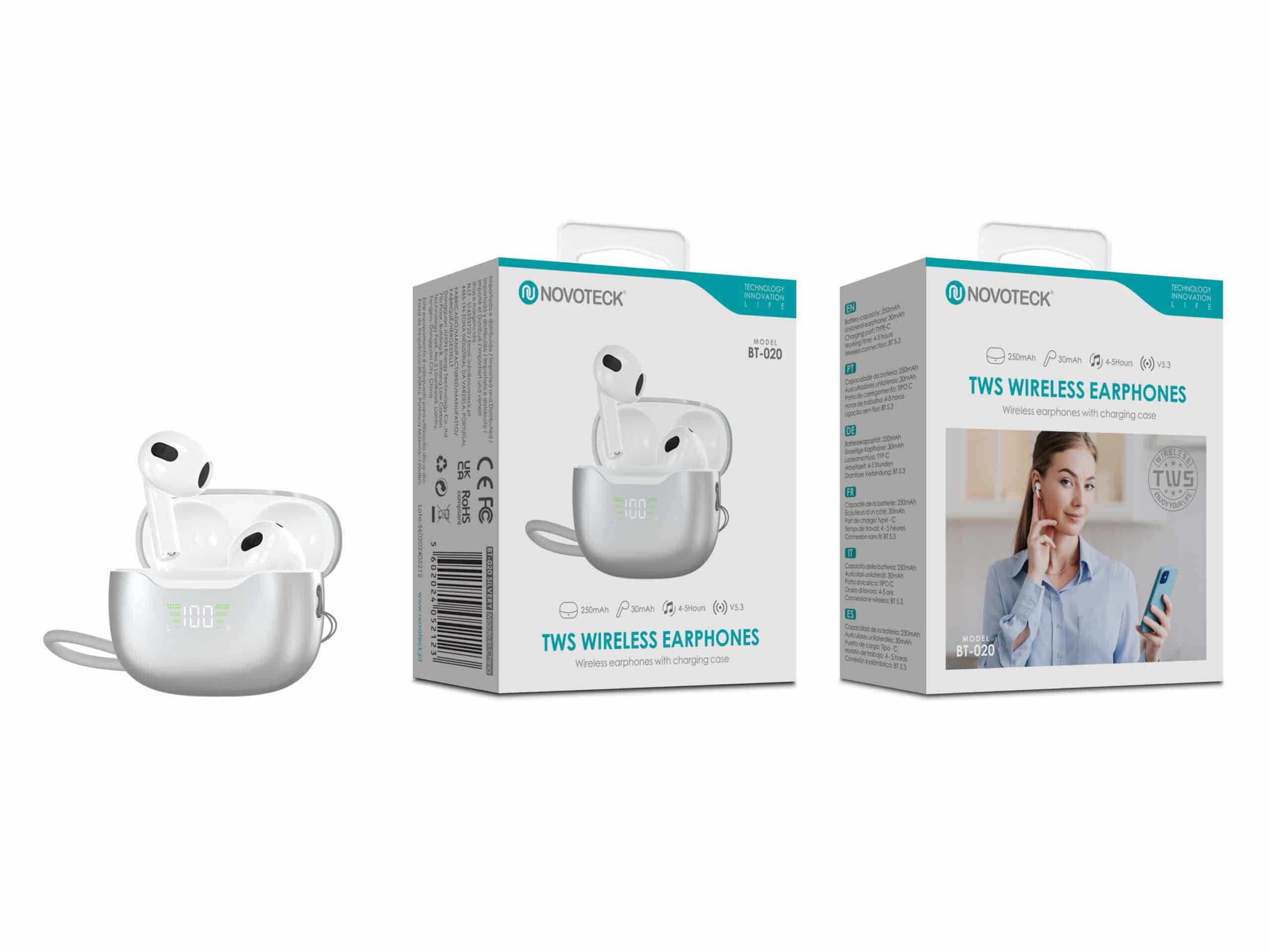Auriculares Bluetooth TWS Novoteck BT-020 – Ecrã LED e Estojo de Carregamento