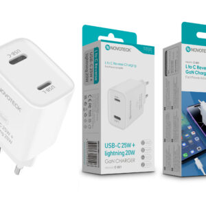 Carregador GaN NOVOTECK C-021 - USB-C 25W + Lightning 20W, Tecnologia PD