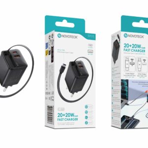 Carregador Rápido GaN 20W+20W com Cabo Tipo-C Retrátil – 3 Portas USB (PD + QC) – NOVOTECK C-025