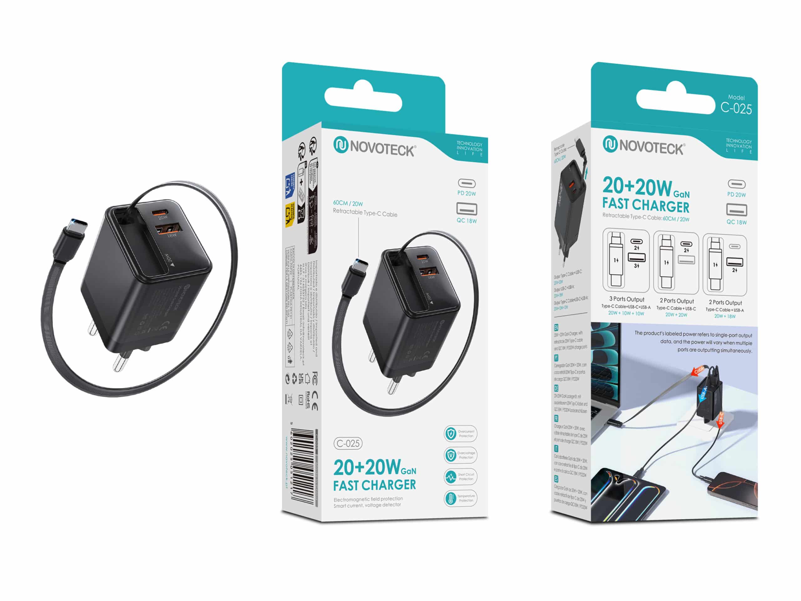 Carregador Rápido GaN 20W+20W com Cabo Tipo-C Retrátil – 3 Portas USB (PD + QC) – NOVOTECK C-025
