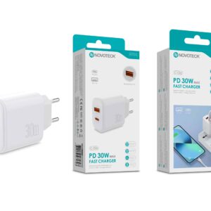 Carregador Rápido PD 30W com 2 Portas USB-C + USB-A – Modelo C-026 Branco