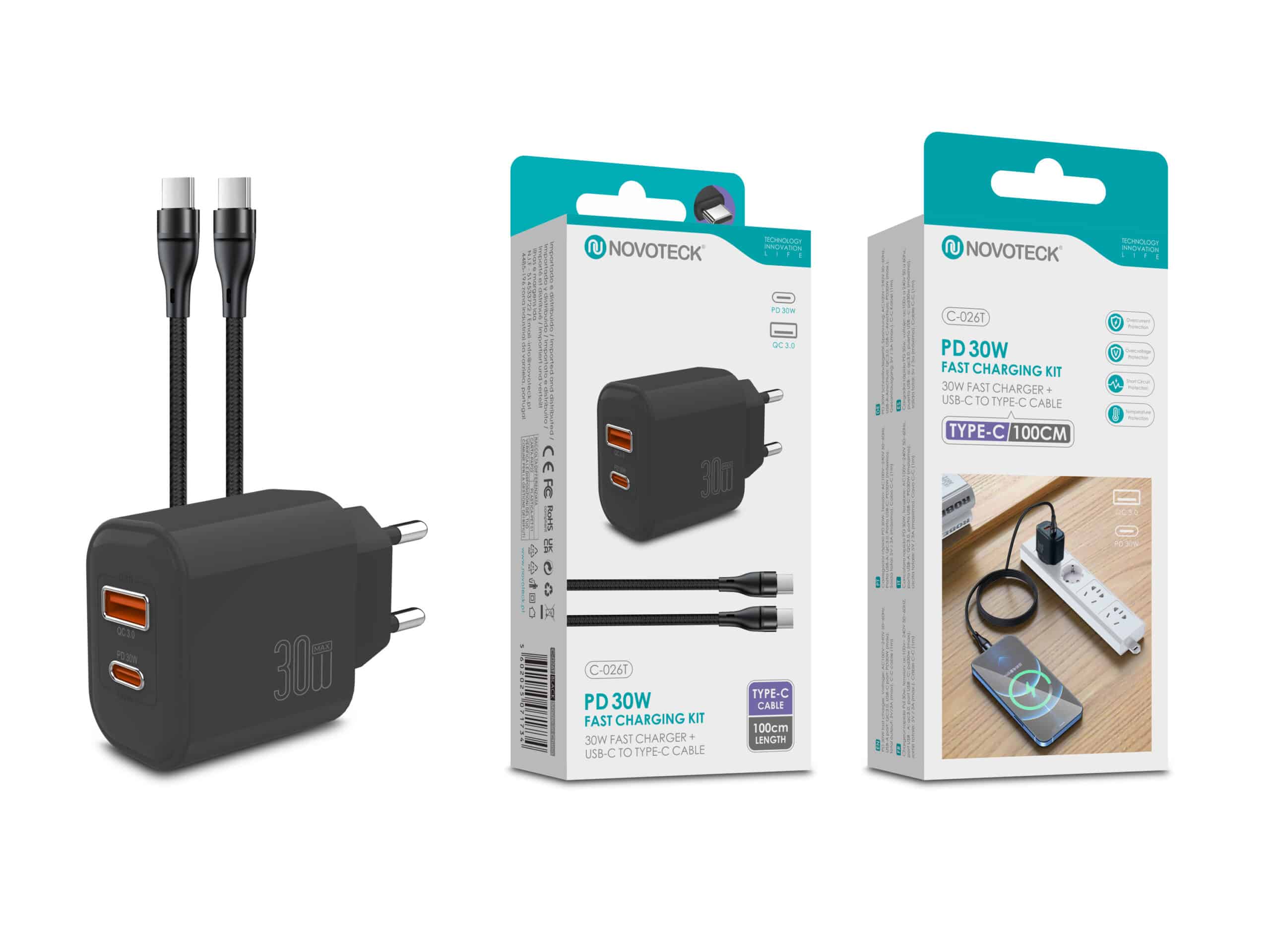 Kit Carregador Rápido PD 30W com Cabo USB-C para USB-C 100cm – Modelo C-026T Negro