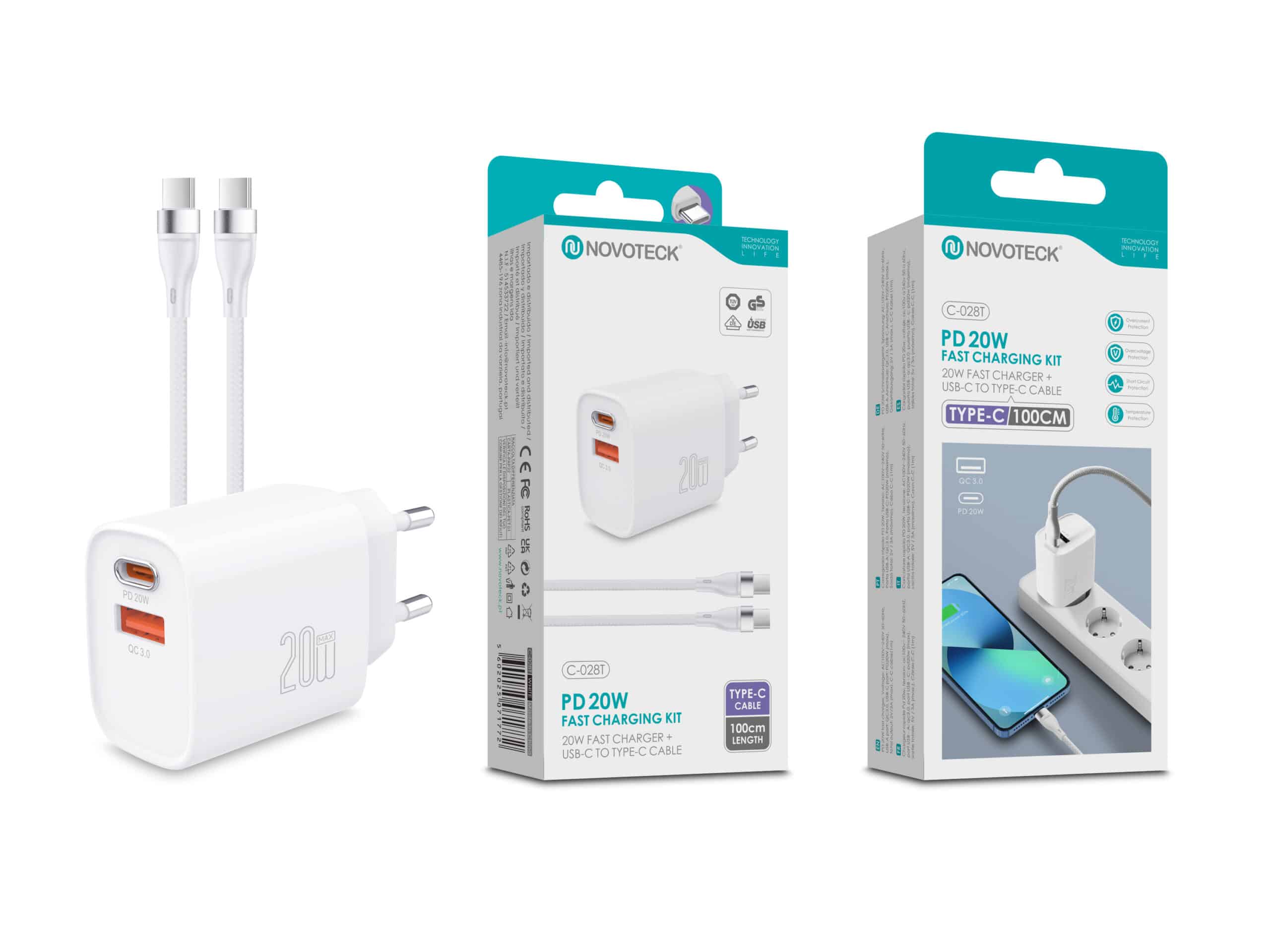 Kit Carregador Rápido PD 20W com Cabo USB-C para USB-C – Modelo C-028T