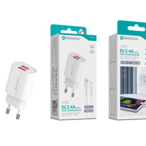 Kit Carregador Rápido USB Duplo 2.4A com Cabo Tipo C 100cm – Modelo C-034T