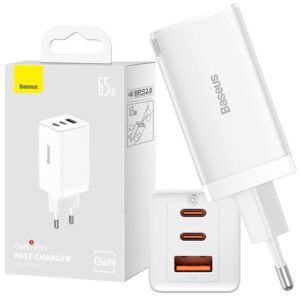 Carregador GaN5 Pro Fast Charge 2x USB-C + USB 65W (Branco) - BASEUS