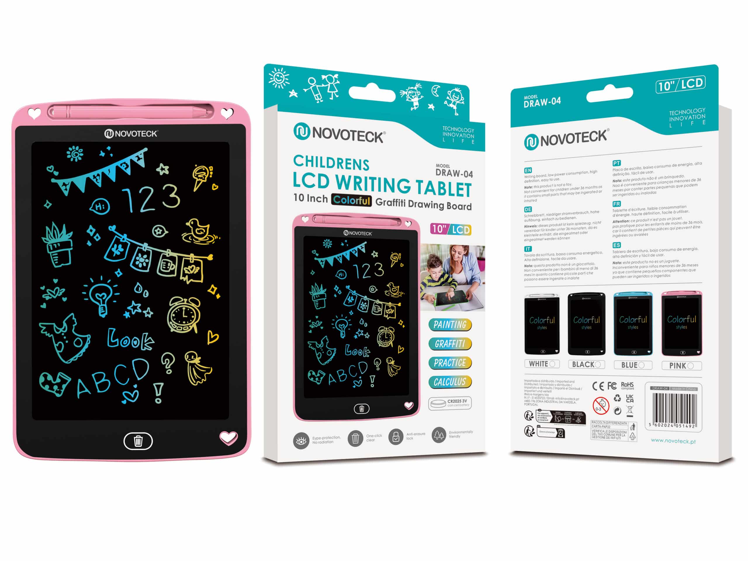 Tablet de Escrita LCD Colorido para Crianças - 10'' Polegadas, DRAW-04 Rosa