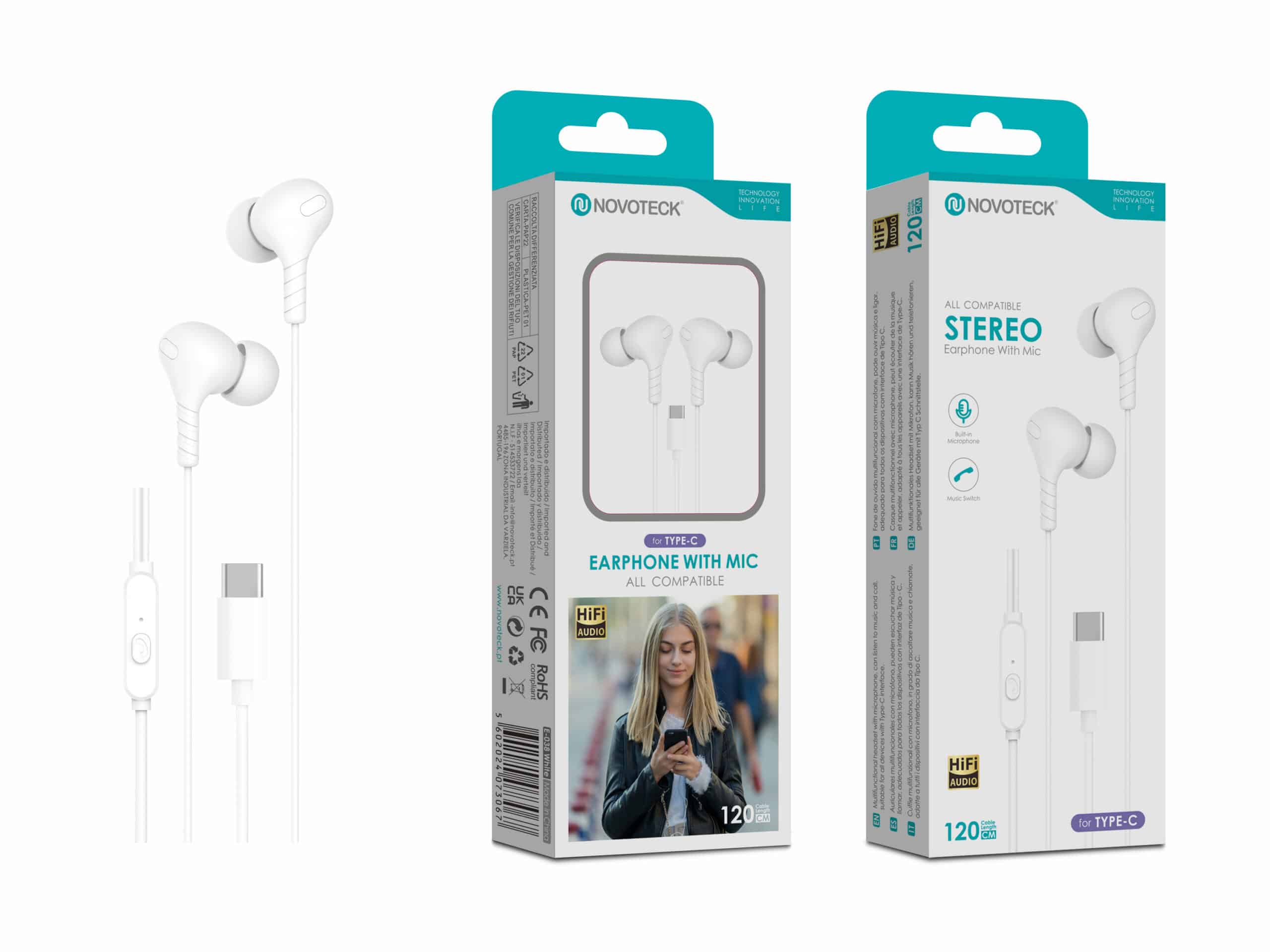 Auriculares Estéreo com Microfone Branco E-038 – Conexão USB-C, Áudio Hi-Fi