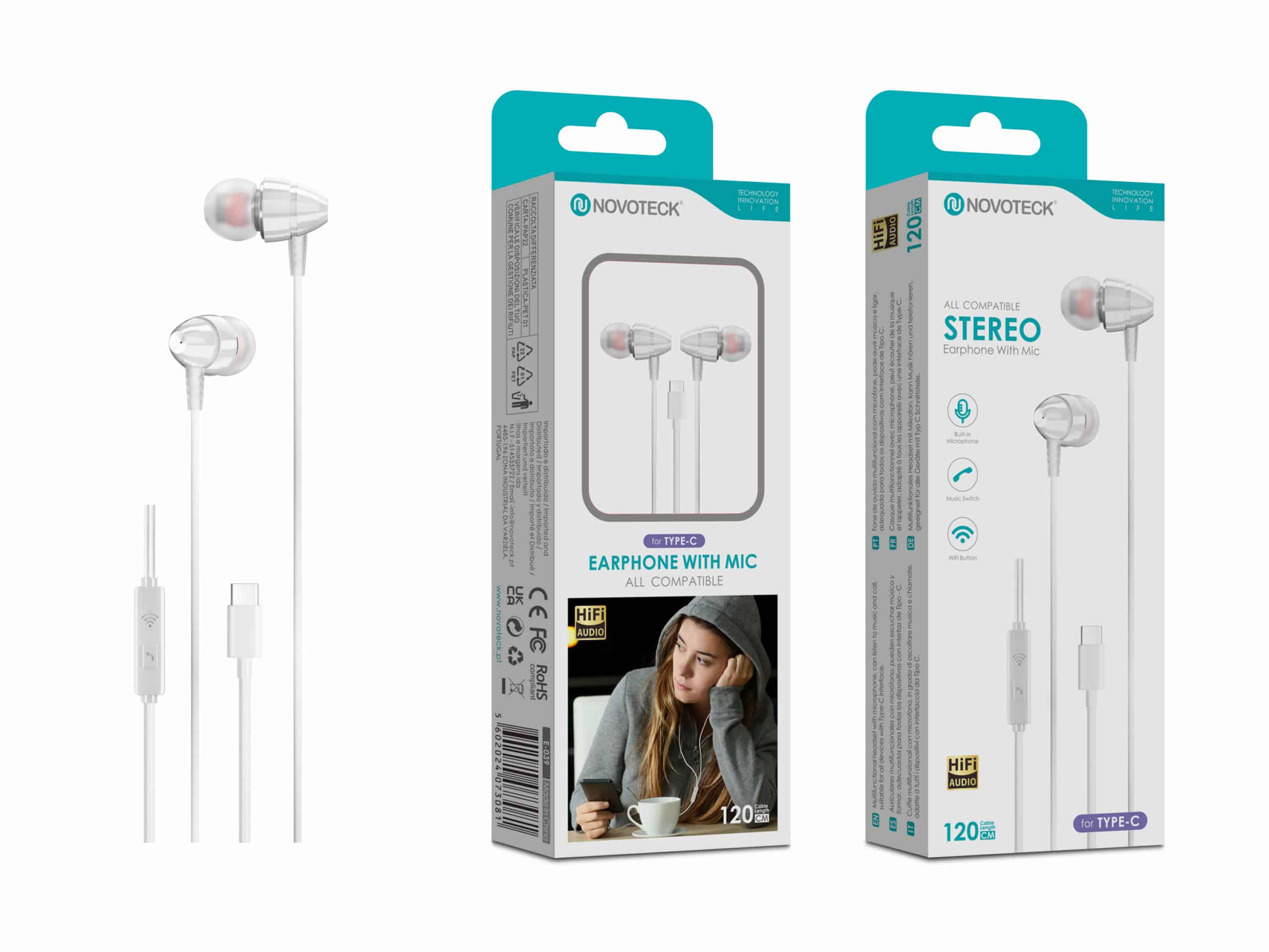 Auriculares Estéreo com Microfone Novoteck E-039 – Conexão USB-C, Áudio Hi-Fi