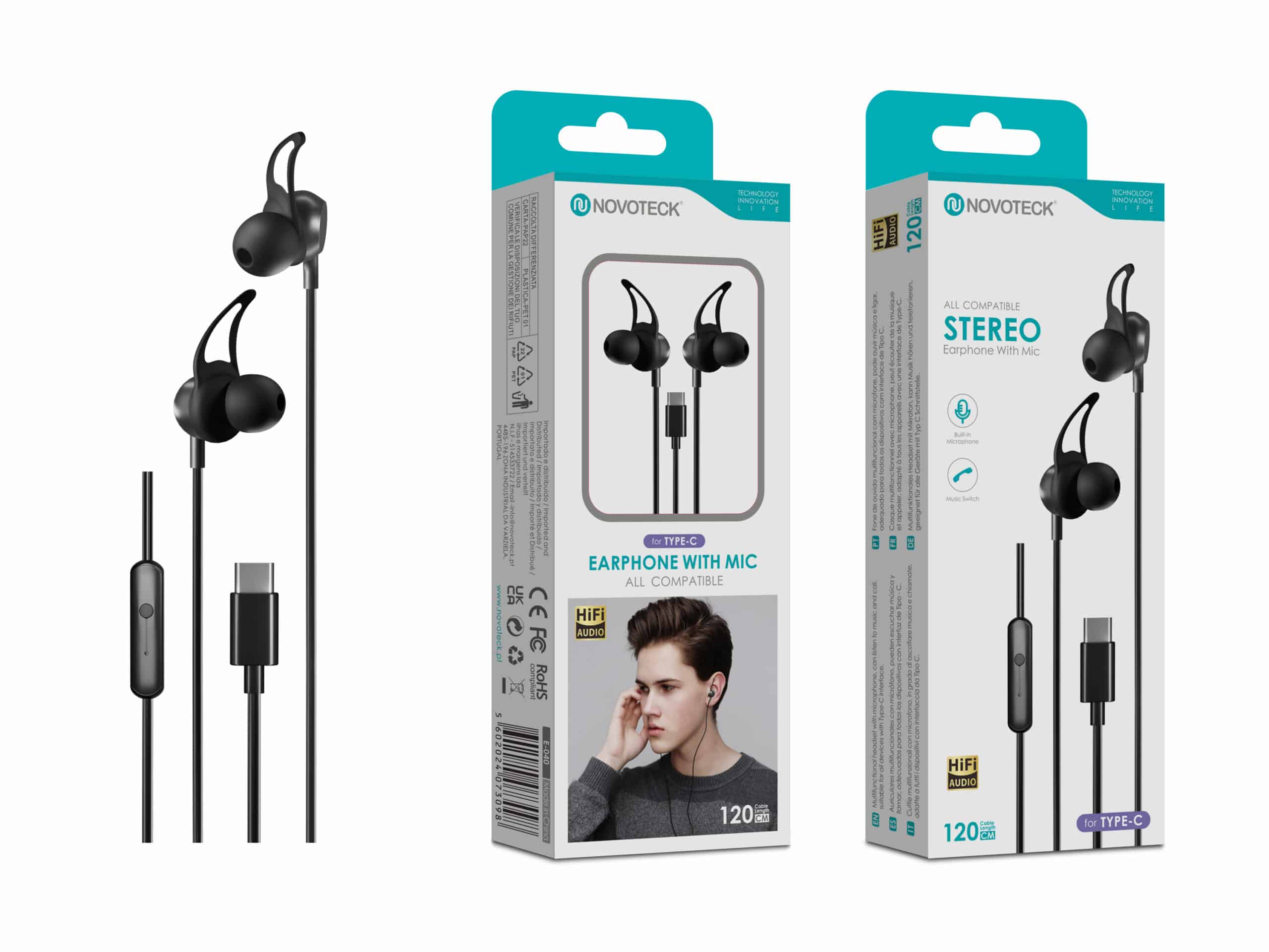 Auriculares Estéreo com Microfone Novoteck E-040 – Conexão USB-C, Áudio Hi-Fi