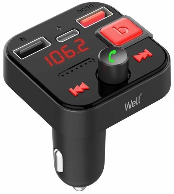 Transmissor Auto FM Bluetooth Snappy 12/24V c/ MP3 + Carregamento Rápido USB QC3.0 + 5V/2.4A - WELL