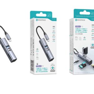 Hub USB-C HK-111 com 1 USB 3.0 + 2 USB-C + 1 USB-C PD 100W + 1 HDMI + Leitor de Cartões SD e TF