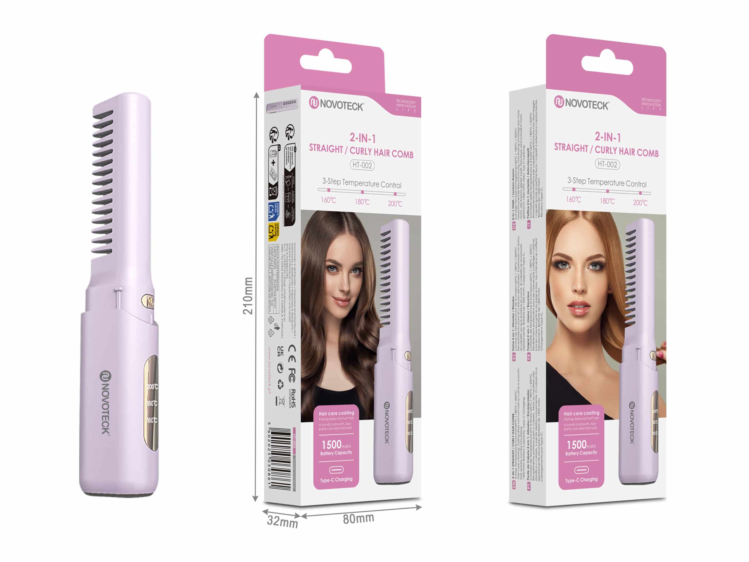 Escova Alisadora e Modeladora 2 em 1 Novoteck HT-002 – Recarregável, 3 Níveis de Temperatura, 1500mAh, Carregamento USB-C